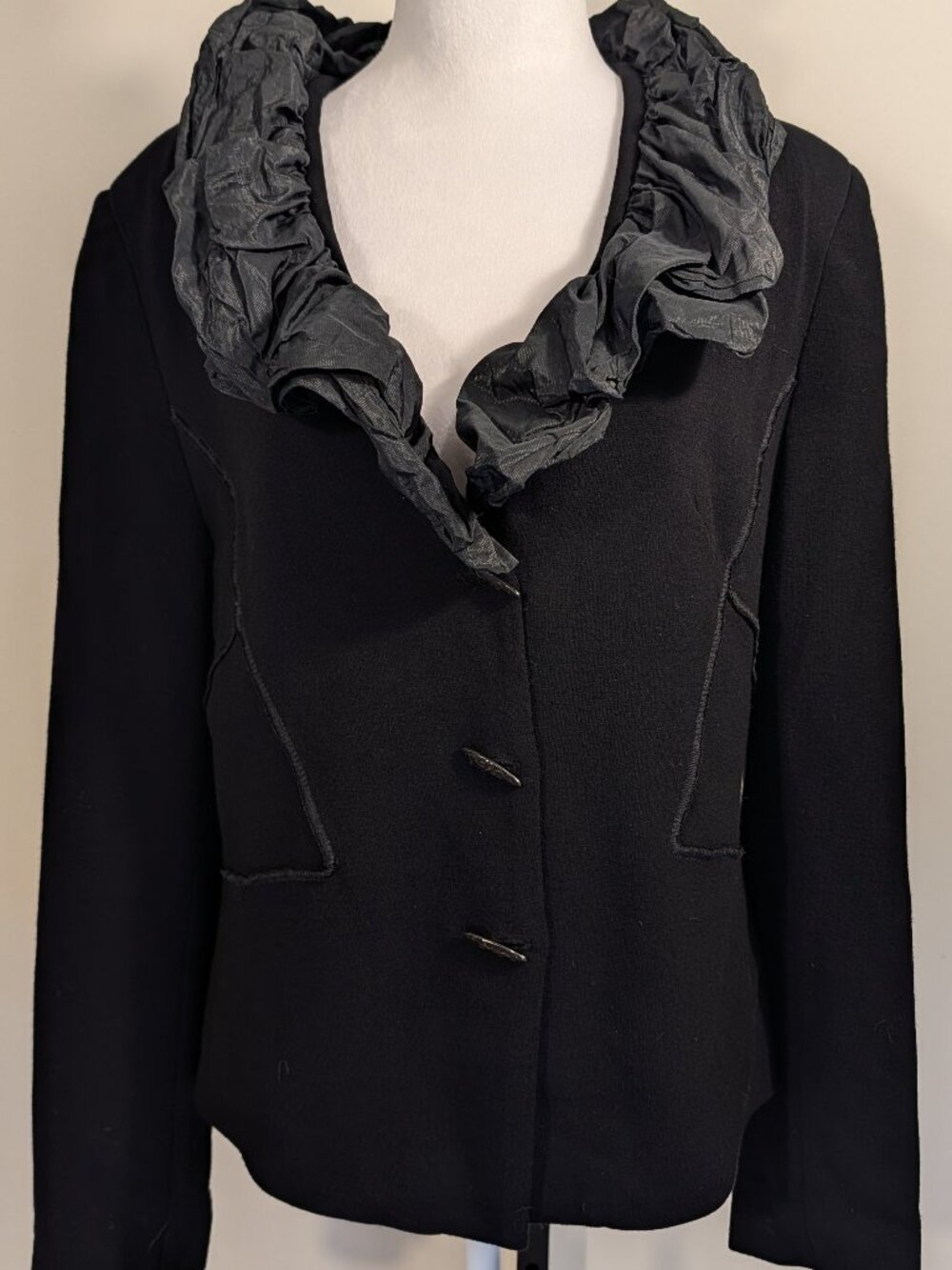 Kontrast Black Avant-Garde Jacket | Sculptural Ruffle Collar | Sz 8